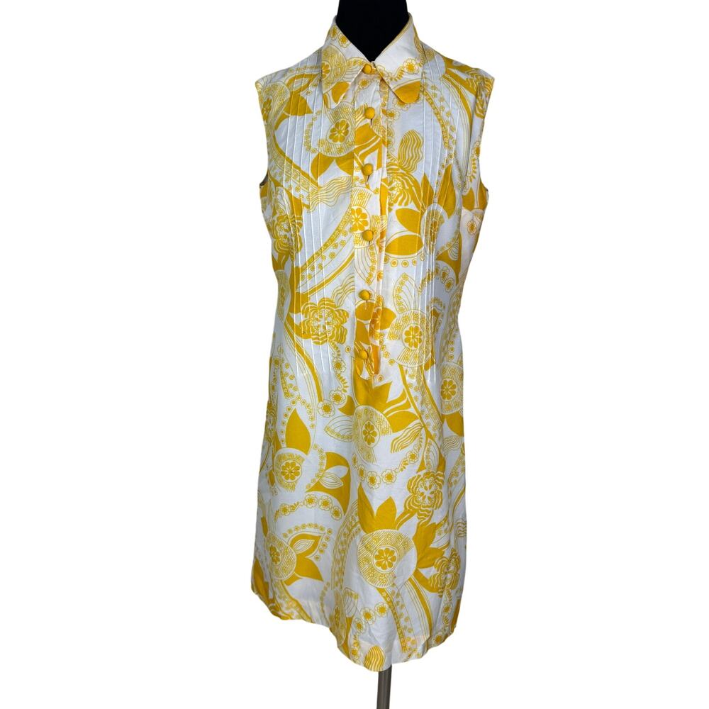 Vintage 1960s 1970s Yellow Floral Shift Dress Ein Fink Modell Mod Pleated Retro